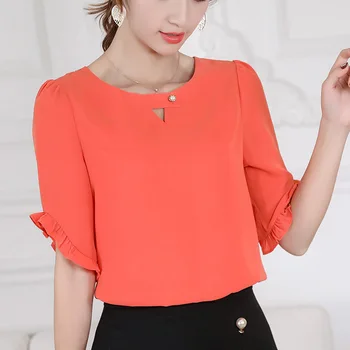 

New Spring Summer Blouse Women Flare Short sleeve Shirts Fashion Leisure Chiffon Shirt Slim Office Ladies Burgundy Plus size Top