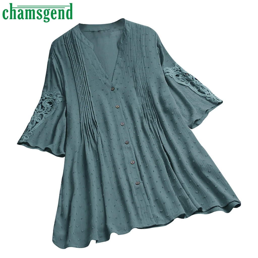 

CHAMSGEND Blouse women Short Sleeve V-Neck Female Chiffon Lace Button Blouse Casual Shirts Women Tops Blusas Ladies Clothes #4zi