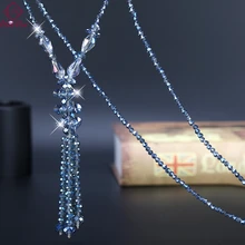 2019 New Graceful Crystal Beads Long Necklace Women Boho Fashion Shiny Blue Water Drop Sweater Chain Summer Joker Party Jewelry