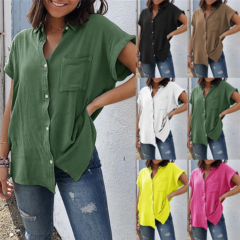 

2019 New Tshirt Women Plus Size Short Sleeve Cotton Linen Lapel Solid Pullover Tops T-shirt Camiseta Top Women Harajuku T Shirt