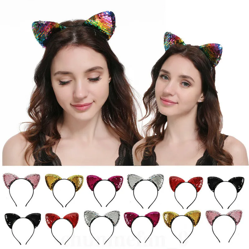 

Women Headband Cute Sequins Cat Ear Headband Flashing Hair Clasp Headwear Costume Party Cosplay