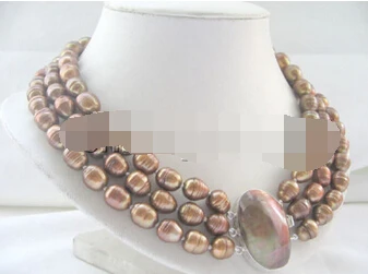 

Jewelr 004729 17-19" 3row 10-13mm coffee baroque rice freshwater pearl necklace-Mabe shell
