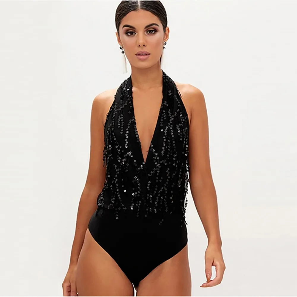 

Free Ostrich 2019 Women Jumpsuit Fashion Women Halter Bandage Backless Sequains Sexy V Neck Bodysuit combinaison femme D1635