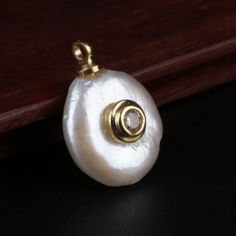 

gold micro paved white crystal round charms flat natural freshwater pearl bead pendant charm for diy jewelry making for choker