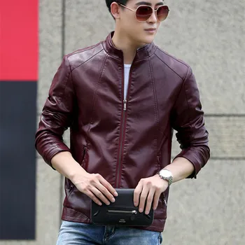 

DHfinery plus size M-5xl leather jacket men autumn winter short design stand collar slim thin faux leather jackets 8832