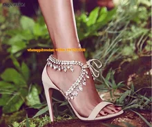 Great quality girls bling bling crystal sandals tie up single strap dress shoes ankle rhinestone stiletto heel wedding sandals