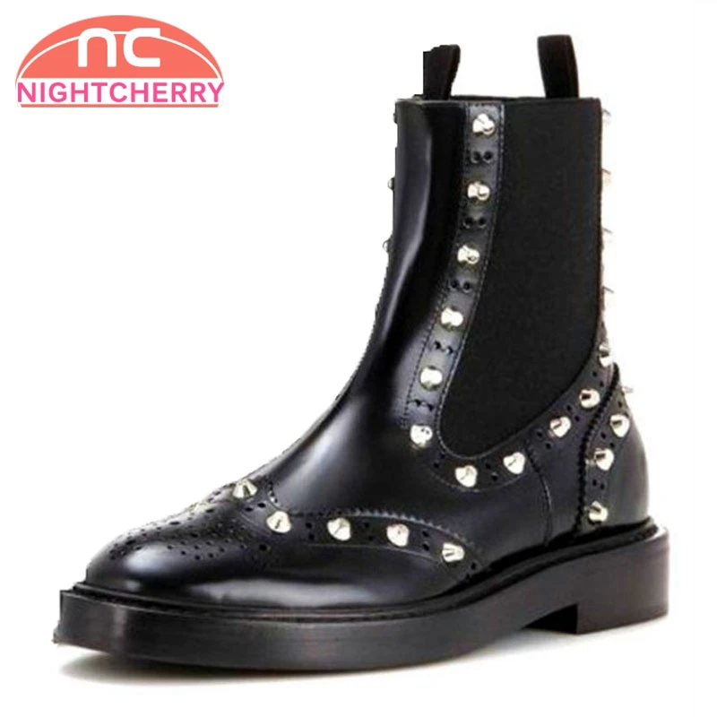 

NIGHTCHERRY Women Genuine Leather Boots Female Rivets Fashion Half Short Botas Round Toe Ladies Flats Footwear Size 33-40