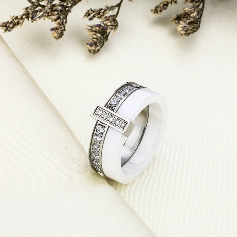Black White Ceramic Ring With One Row Australia Zircon Two Layers Stainless Steel Silver Thin Engagement Rings For Women Jewelry