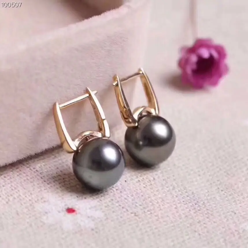 

charming 9-10mm tahitian round black green pearl earring 18k