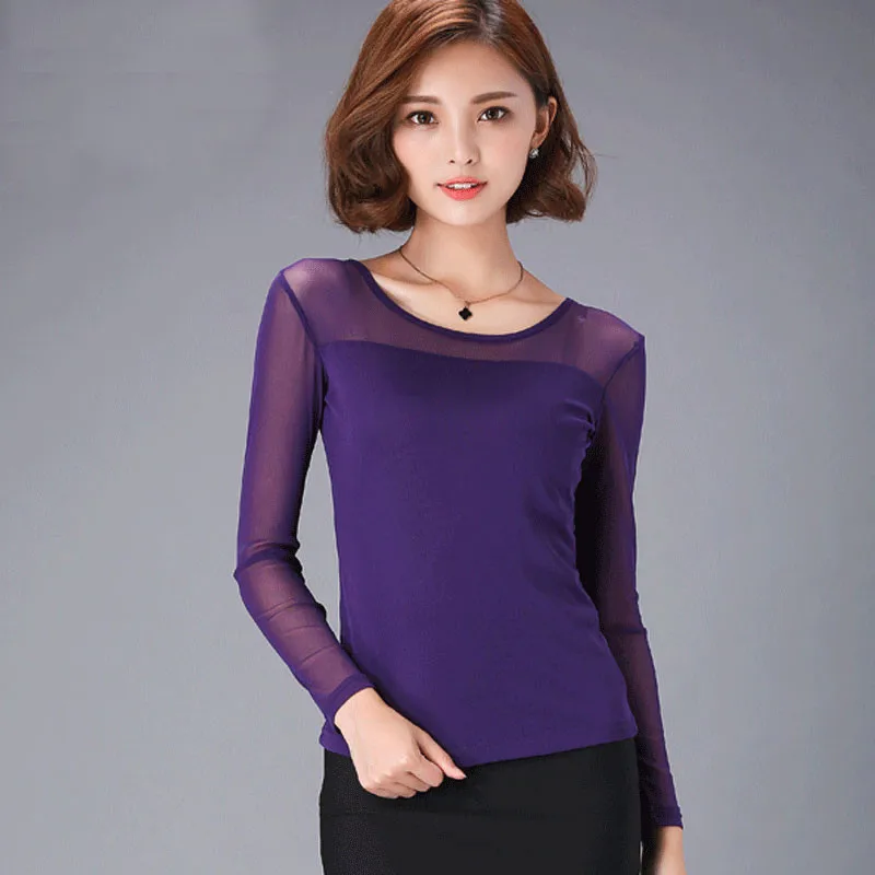 Sanishroly 2018 Summer Autumn Women Long Sleeve Blouses Thin Lace Blouse Ladies Solid Mesh Bottoming Shirt Tops Plus Size SE106 3