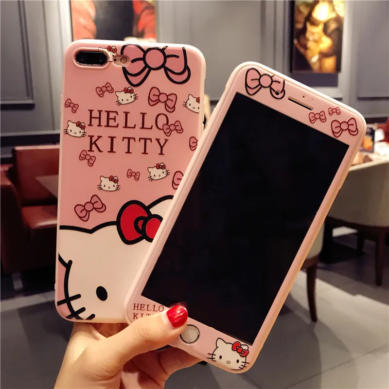 Hello kitty Film + case For iPhone 7 8 plus / 7Plus KT cat Tempered Glass for iPhone 6sPlus soft