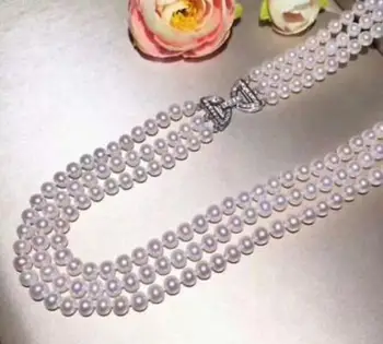

Beautiful 3row 7-8 mm round natural white pearl necklace 18"19"20"