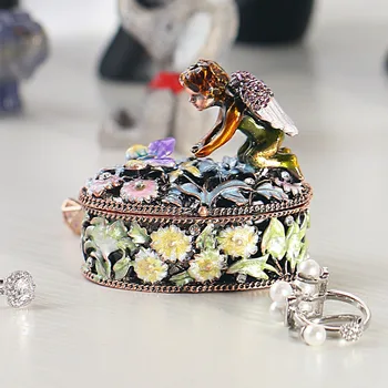 

H&D X'mas Gift Angel Trinket Box Metal Enameled Flower Figurine Collectable Wedding Jewelry Ring Holder Organizer Table Decor