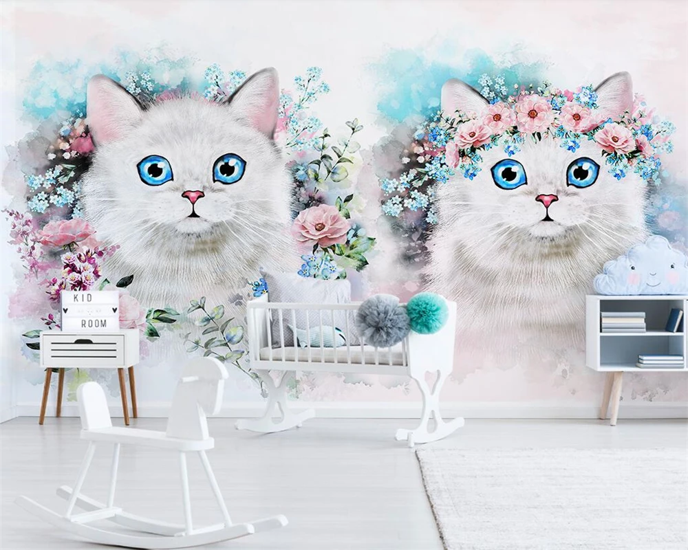 Beibehang Custom wallpaper Nordic Simple Flower Kitty Children's Room Decoration Background Living room Bedroom 3d wallpaper