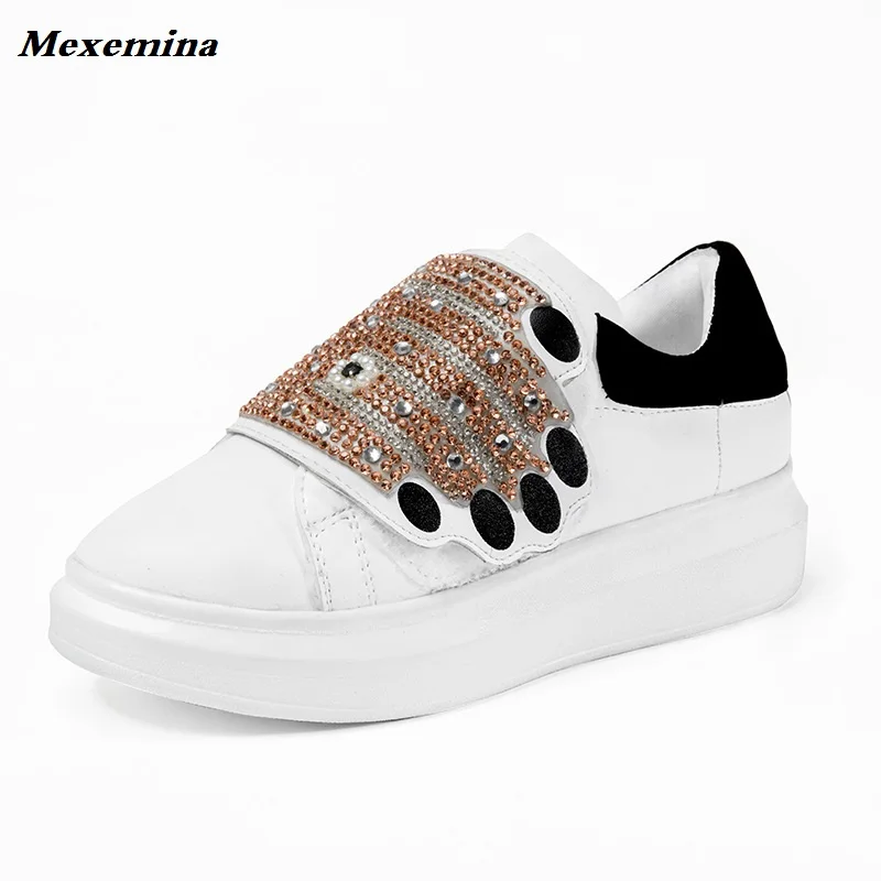 

2018 Luxury Designer Women's Leather Sneakers Bling Bling Crystal Hook&Loop Footwear Platform White Casual Shoes Woman
