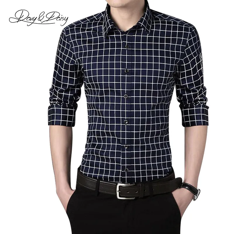 Davydaisy Рубашки в клетку Для мужчин Демисезонный формальные тонкий поворот Подпушка брендовая Повседневное социального платье рубашка с длинными рукавами 5xl ds-037 - Цвет: Dark Blue