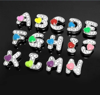 

130PCS 8MM Insert Colorful Enamel Heart With Clear Rhinestone Slide Letters Collar Charms