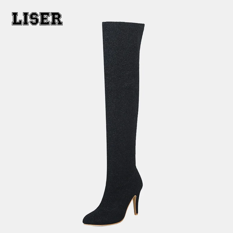 

Ladies over knee long boots slip on glitter bling fabric pointed toe super high 10cm stiletto heels party red shoes plus size