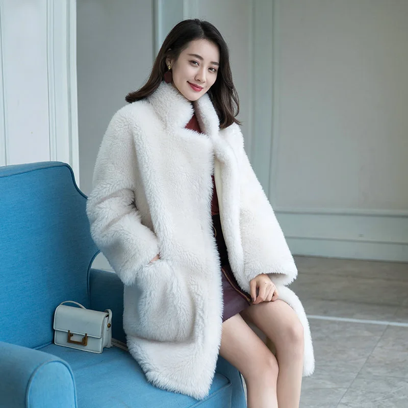 

New winter haining wool fur coat collar female long sheep shearing wool coat 77 Iceland
