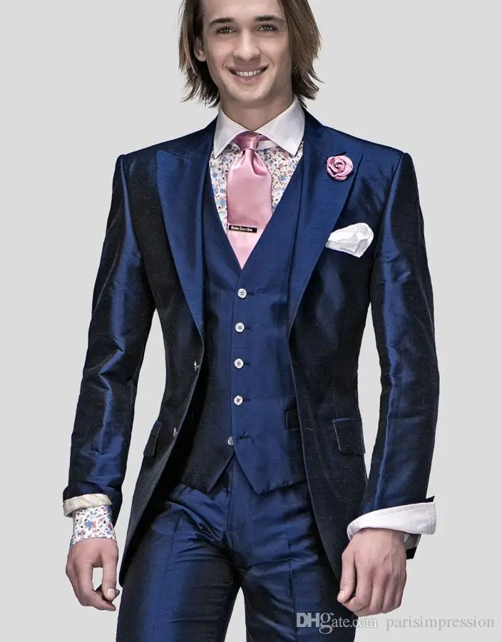 2015 New Arrival Navy blue wedding suits for men peaked