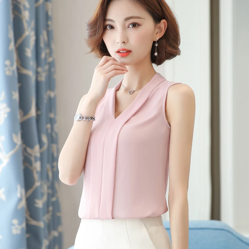 

Womens Tops and Blouses Chiffon Women Blouses Solid Summer Sleeveless White Women Shirts Korean Fashion Clothing Plus Size XXL