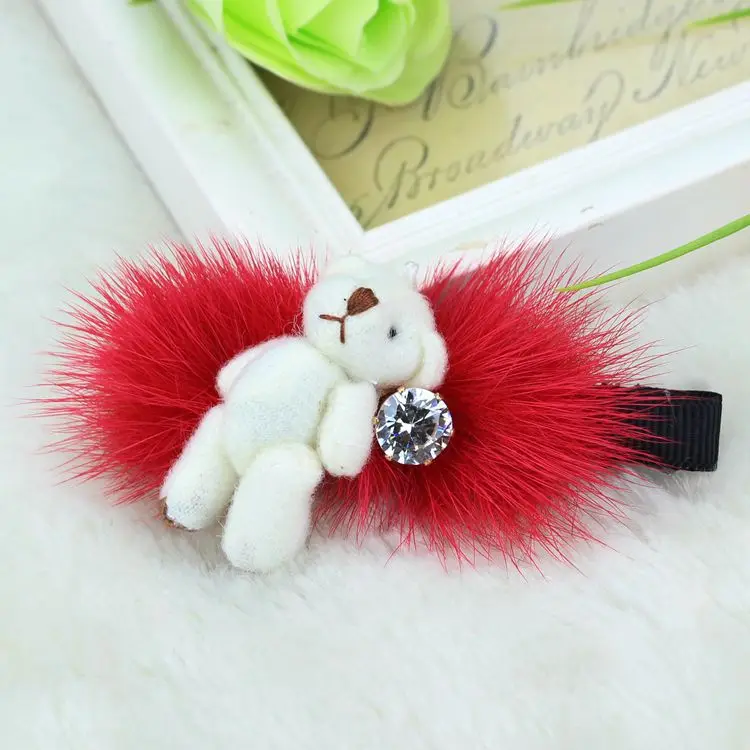 

Wholesale Fashion Winter Cute Mink Pet Hair Bear Crystal Hair Clip For Dog Hair Pet Headband Hair Accessories 10pcs