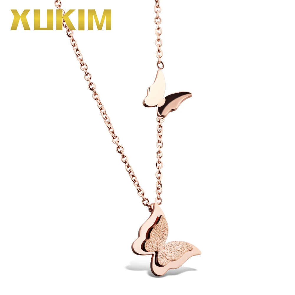 

Xukim Jewelry Titanium 316L Stainless Steel Butterfly Charms Pendant Rose Gold Color Link Chain Necklace Women Jewelry Gift