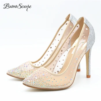 

Buono Scarpe Women Pointed Toe Heels Crystal Bling Fashion Silver Shoes High Heels Pumps Luxury See Through Party Wedding Shoes
