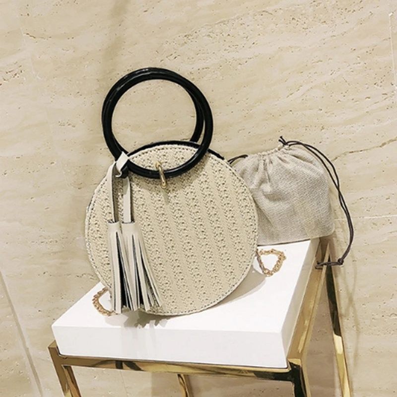 

ABDB Women Handmade Round Beach Shoulder Bag Circle Straw Bags Summer Woven Rattan Handbags Women Messenger Bags(white)