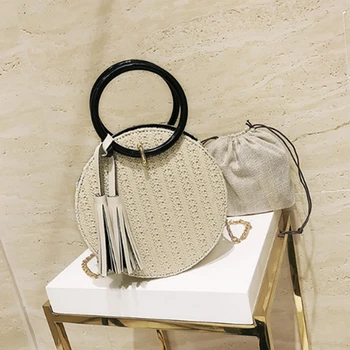 

ABDB Women Handmade Round Beach Shoulder Bag Circle Straw Bags Summer Woven Rattan Handbags Women Messenger Bags(white)