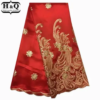 

2017 Hot selling! African george lace fabric embroidered and sequins 5 yards high quality satin lace fabric for women dress