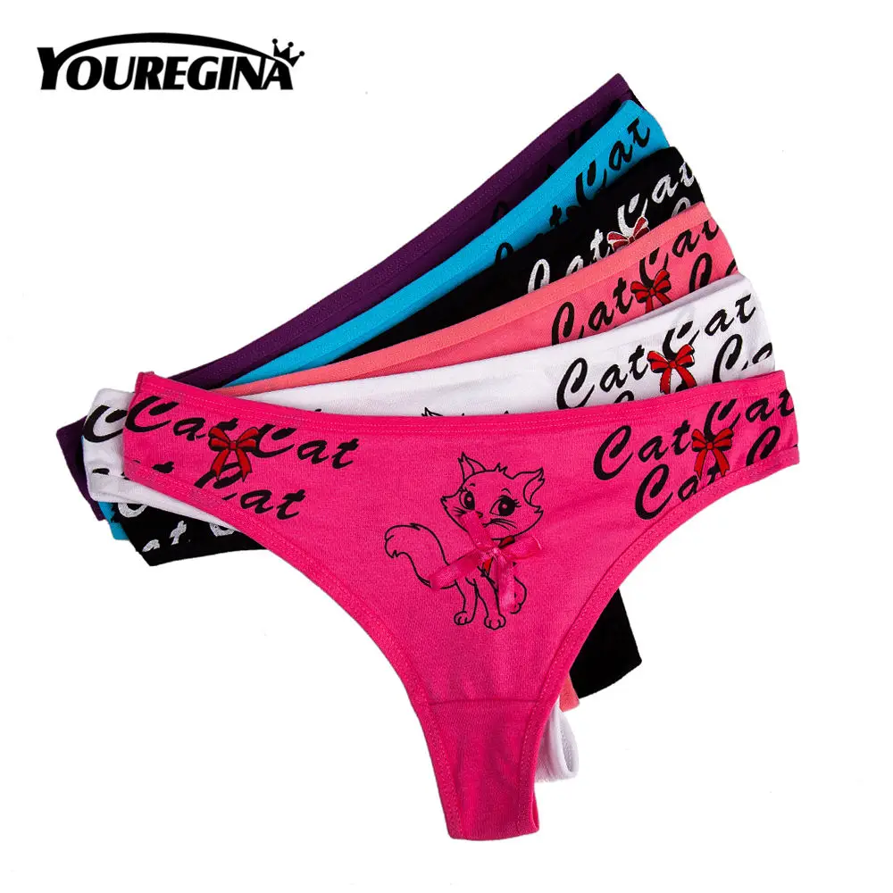 Y7233-random color YOUREGINA, женские сексуальные стринги, g-стринги, хлопковые трусики, нижнее белье, милые трусики, нижнее белье, трусики для девушек, 6 шт./лот, с принтом кота, бант, M, L, XL - Цвет: Y7233-random color