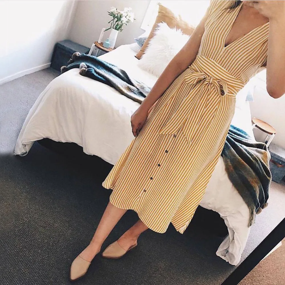 

Lipswag 2019 Spring Summer Sleeveless button Midi Dresses women V-neck Striped A-line dress Sweet Lace Up Bow Party Dress