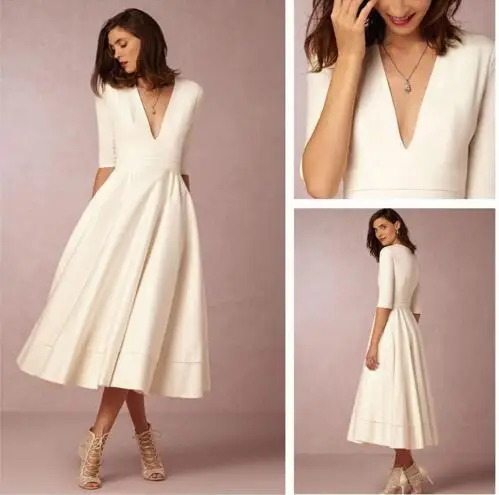 

Vintage Simple Wedding Dresses Satin Bridal Gown 2019 Deep V-Neck Tea Length Half Sleeves Elegant Retro Bride Vestidos De Novia