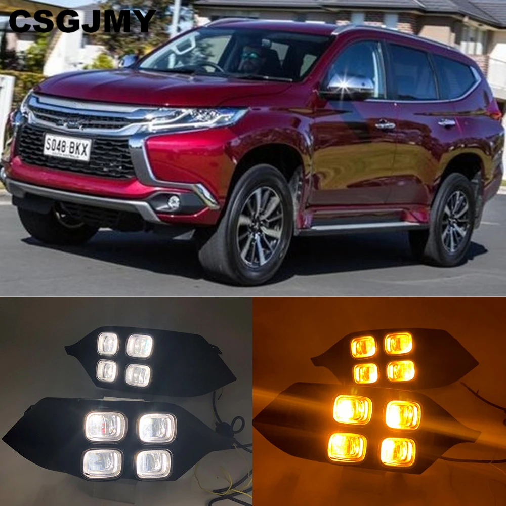 

CSGJMY 2Pcs For Mitsubishi Pajero Sport 2016 2017 4Eyes 12V LED Daytime Running Light Daylights DRL Lamp with yellow signal lamp