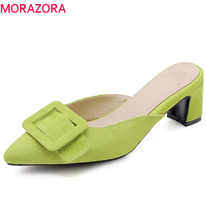 MORAZORA/Новинка года; популярные женские туфли-лодочки; летние туфли из флока с острым носком; однотонные вечерние туфли на высоком каблуке с пряжкой; женские туфли без задника