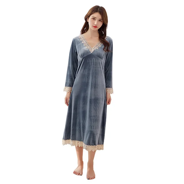 

Autumn New Ladies Nightdress Long-sleeved Dress sexy Lace Gold velvet Home Service Single-piece Home Nightdress