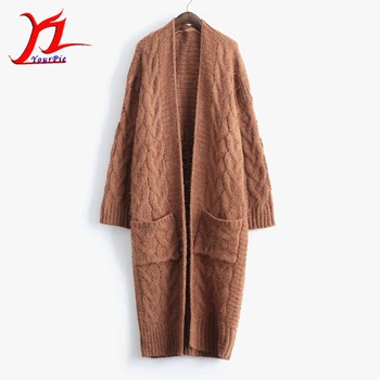 

Hot Autumn Winter Women Cardigan Thick Knitwear Outer Lengthen Loose Pocket Twist Fashion V-Neck Modest Solid Color Plus Size