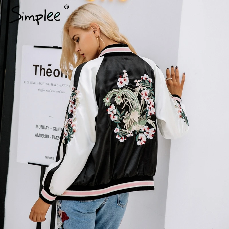 Simplee Reversible embroidery satin jacket coat sukajan Autumn winter 2017 flower basic jackets women Casual baseball jackets Simplee Reversible embroidery satin jacket coat sukajan Autumn winter 2017 flower basic jackets women Casual baseball jackets