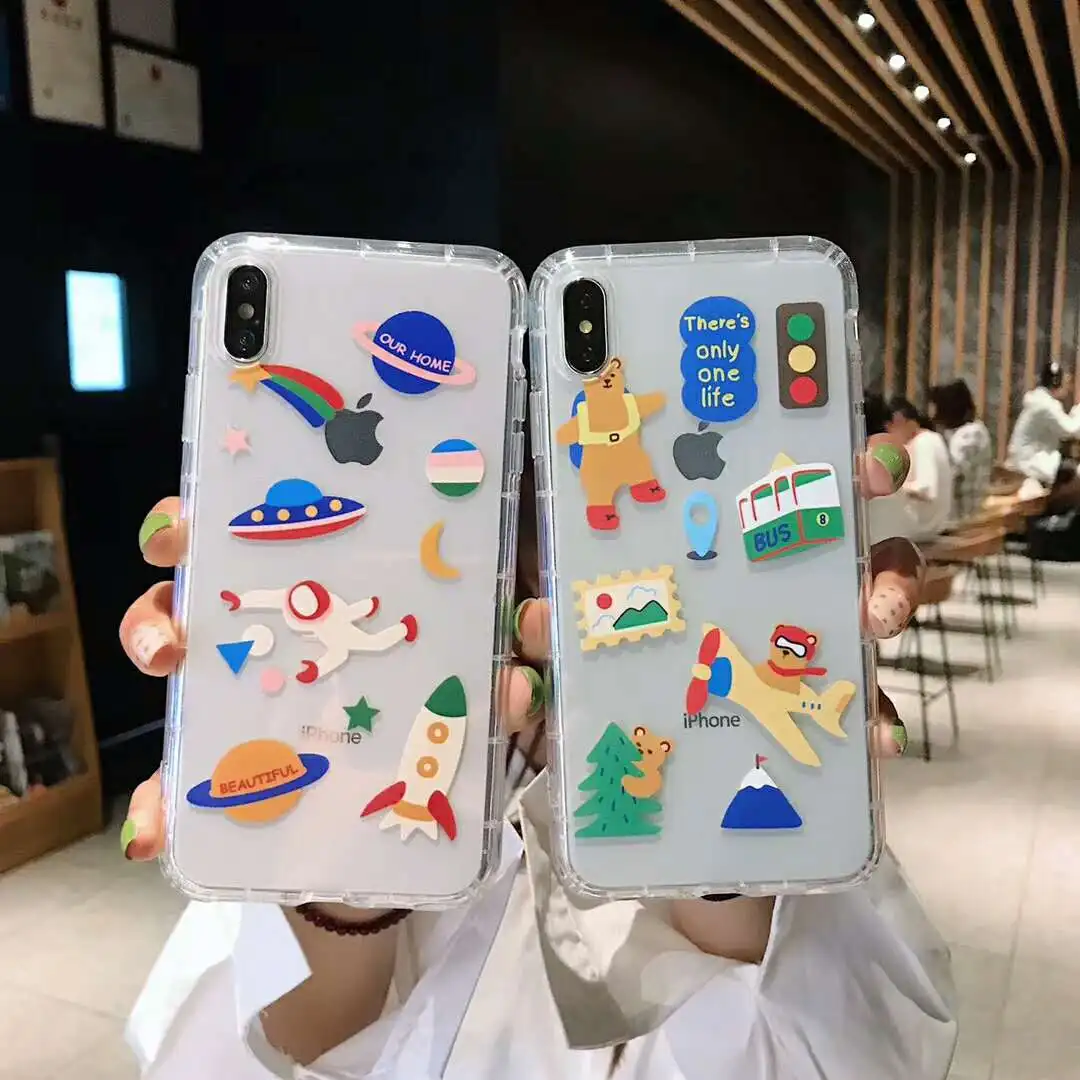 

INS Korea Cartoon Sticker Rocket UFO Space bear Case for iPhone 6 6s 7 8 Plus Xr Xs Max X Bus Air Cushion Soft Phone Cover Case