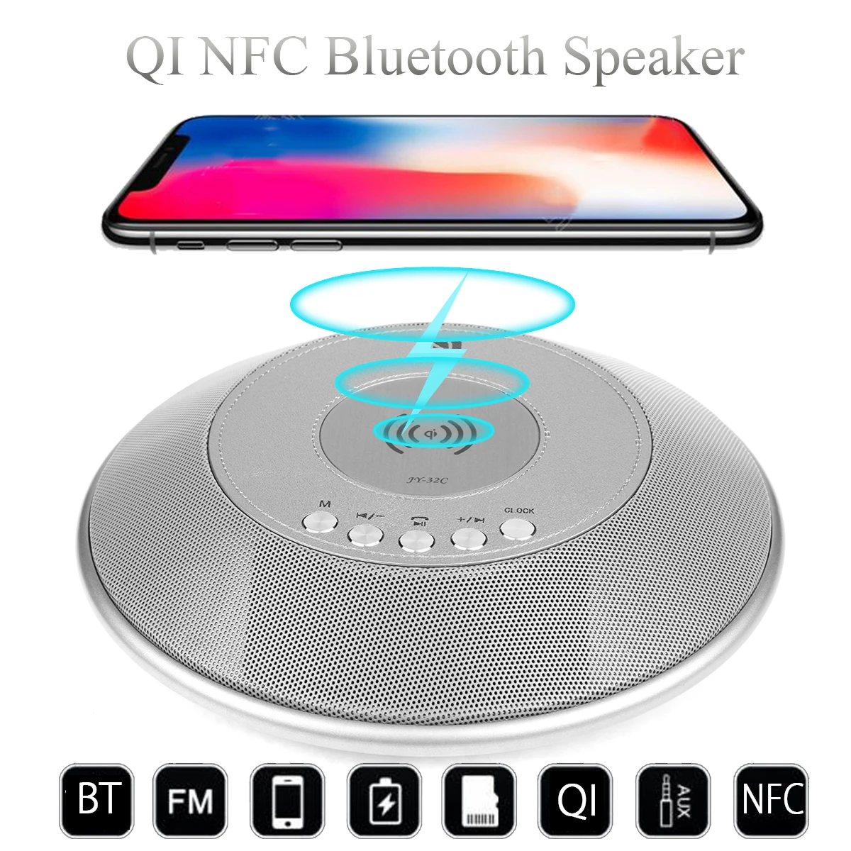

NFC bluetooth Speaker Portable Loudspeaker Qi Wireless Charger for Mobile Phone FM Radio with Clock Display Power Bank