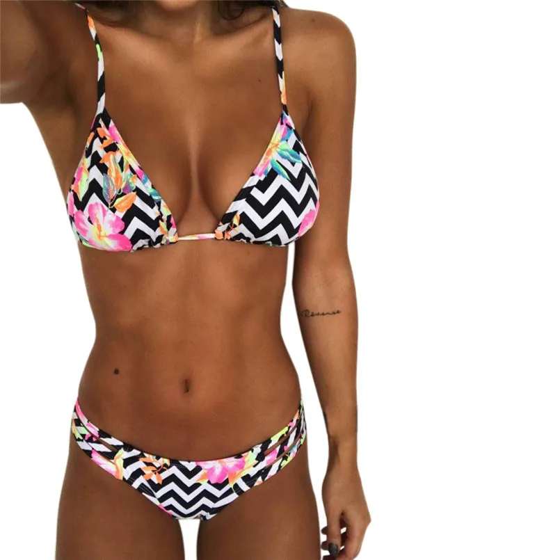 

Striped print bathing suit with lanyard Padded Bra Bandage sexy Swimsuit backless spaghetti strap swimwear underwearwear 40ja30