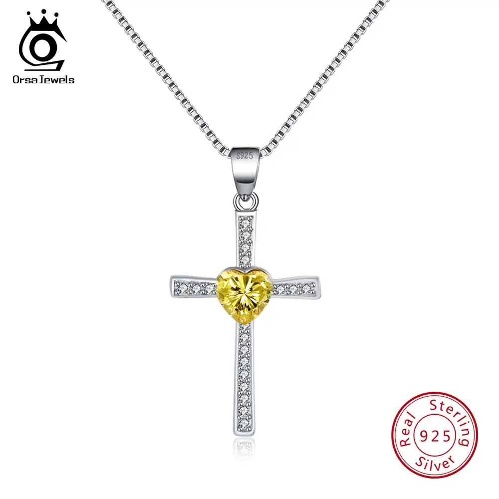 ORSA JEWELS, подлинное 925 пробы Серебряное сердце с подвеской в виде Креста для женщин, ожерелья AAA CZ, Модные женские ювелирные изделия ASN88 - Цвет камня: Yellow Zircon