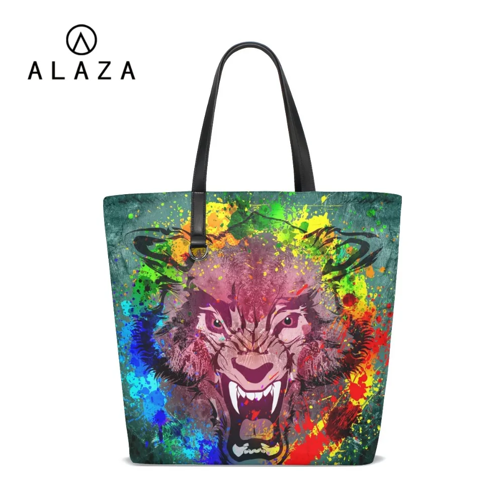 ##BUY ALAZA Black Leather Straps Animal Angry Face Painting Totes Shoulder Bag Handbags Women Female Punk Shopping Bag bolso mujer HOT