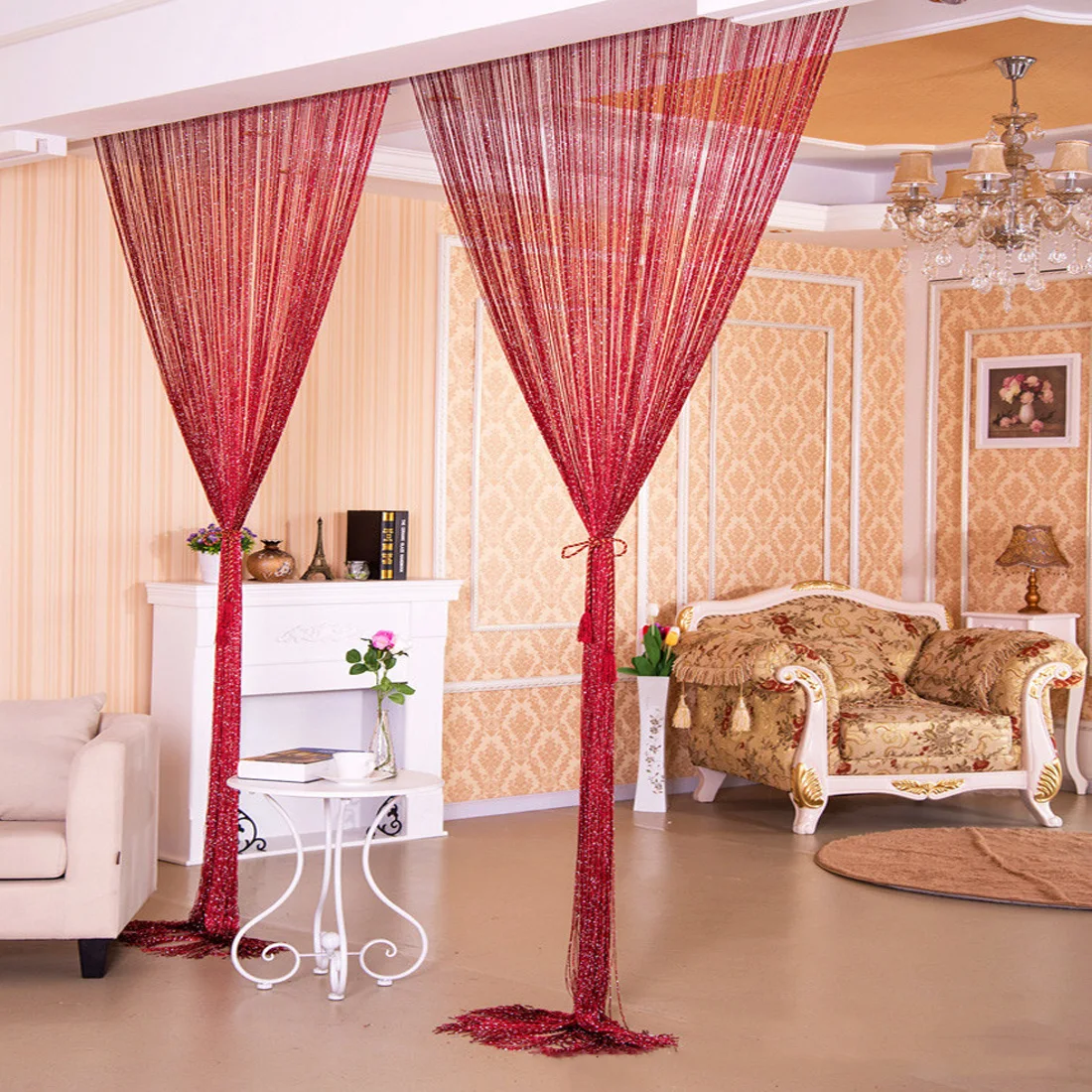 New Flash Silver Curtain Doors and Windows Separate Yarn Transparent Curtains Home Decorations Flashing Lines Shining Tassels - Цвет: Red wine