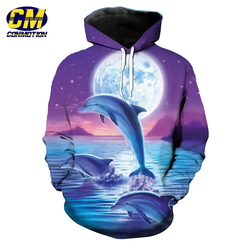 

Purple Sky Jumping Dolphin Print Fashion Hooded Pullover Unisex Sportswear EUR SIZE