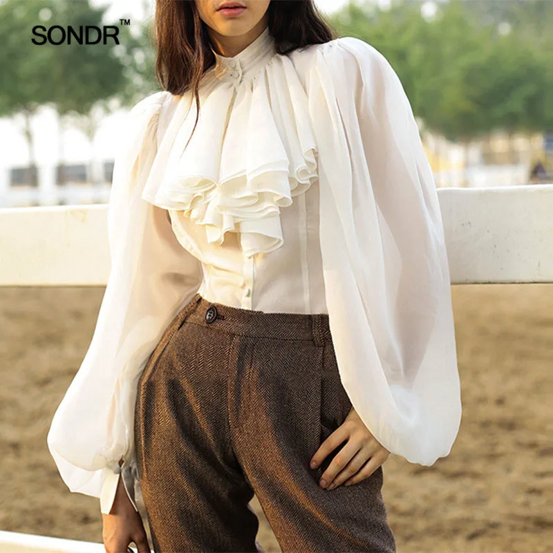 

SONDR Chiffon Shirts Blouse Women Stand Collar Lantern Long Sleeve Tops Female Elegant Fashion Clothes 2019 Spring