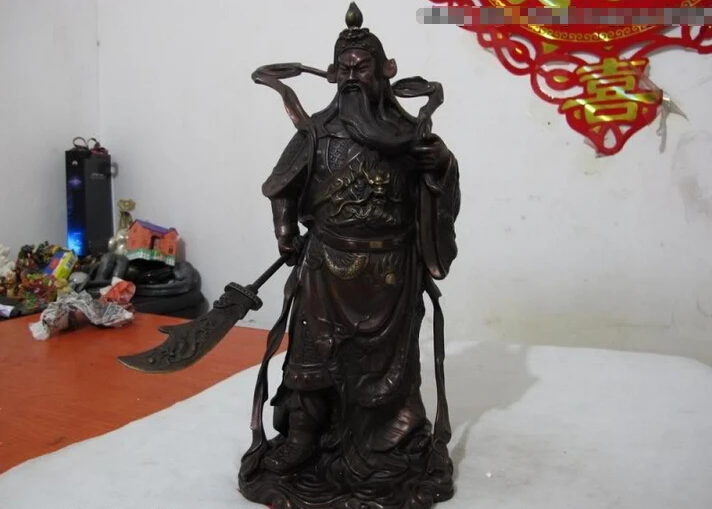 

USPS to USA S0526 Chinese Red Bronze Copper Folk famous Dragon design Guan Gong Hold Sword Statue B0401