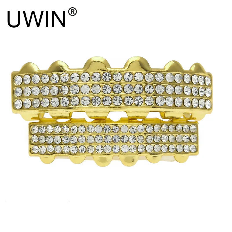 Зубцы UWIN в стиле хип-хоп с фианитами золотого цвета 3 ряда | Украшения и аксессуары