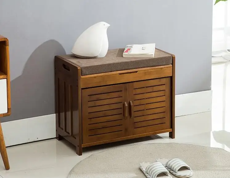 Bamboo Furniture 2 Doors Shoe Cabinet with Drawer & Removable Seat Cushion Shoe Cabinet Storage Unit Bench Entryway Organizer